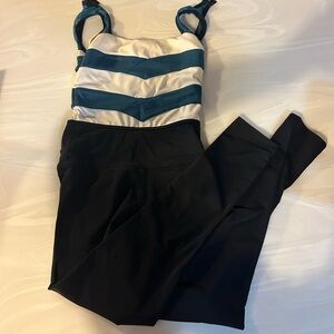 Girls Teal & White Striped One-Piece Bodysuit with Black Leggings